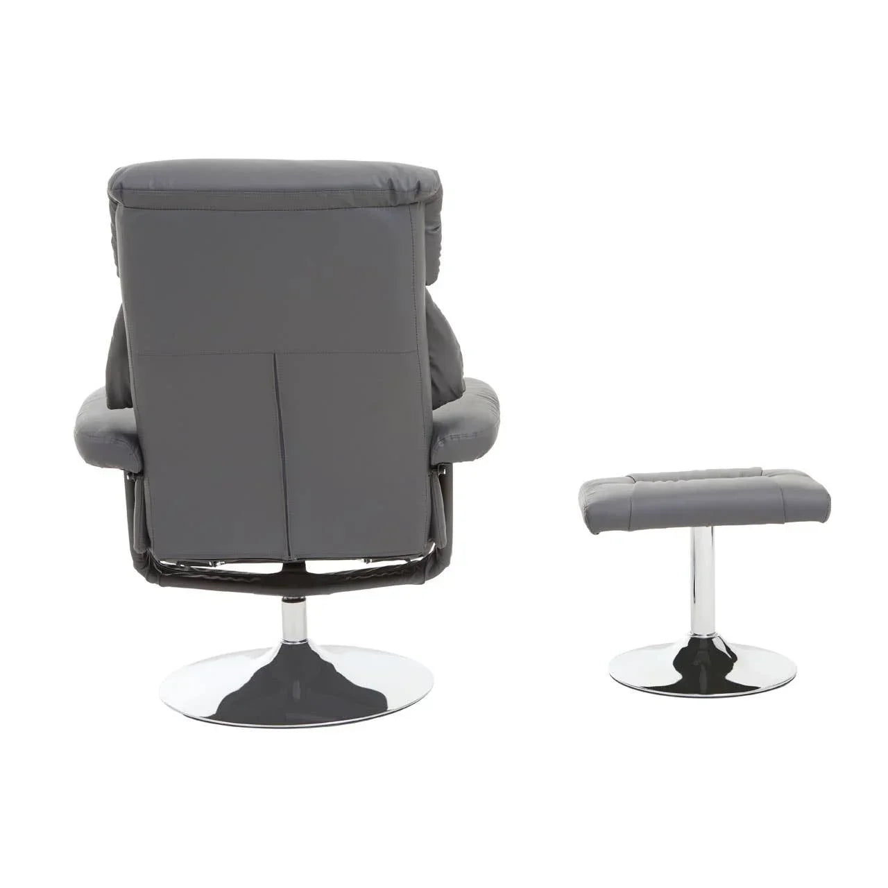 Grey swivel recliner chair and footstool with chrome base rear view