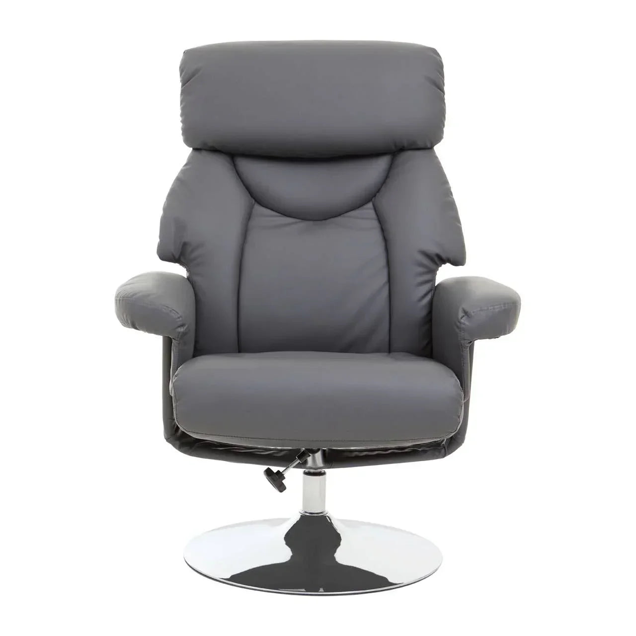 Grey leather swivel recliner chair with padded armrests and chrome base, front view