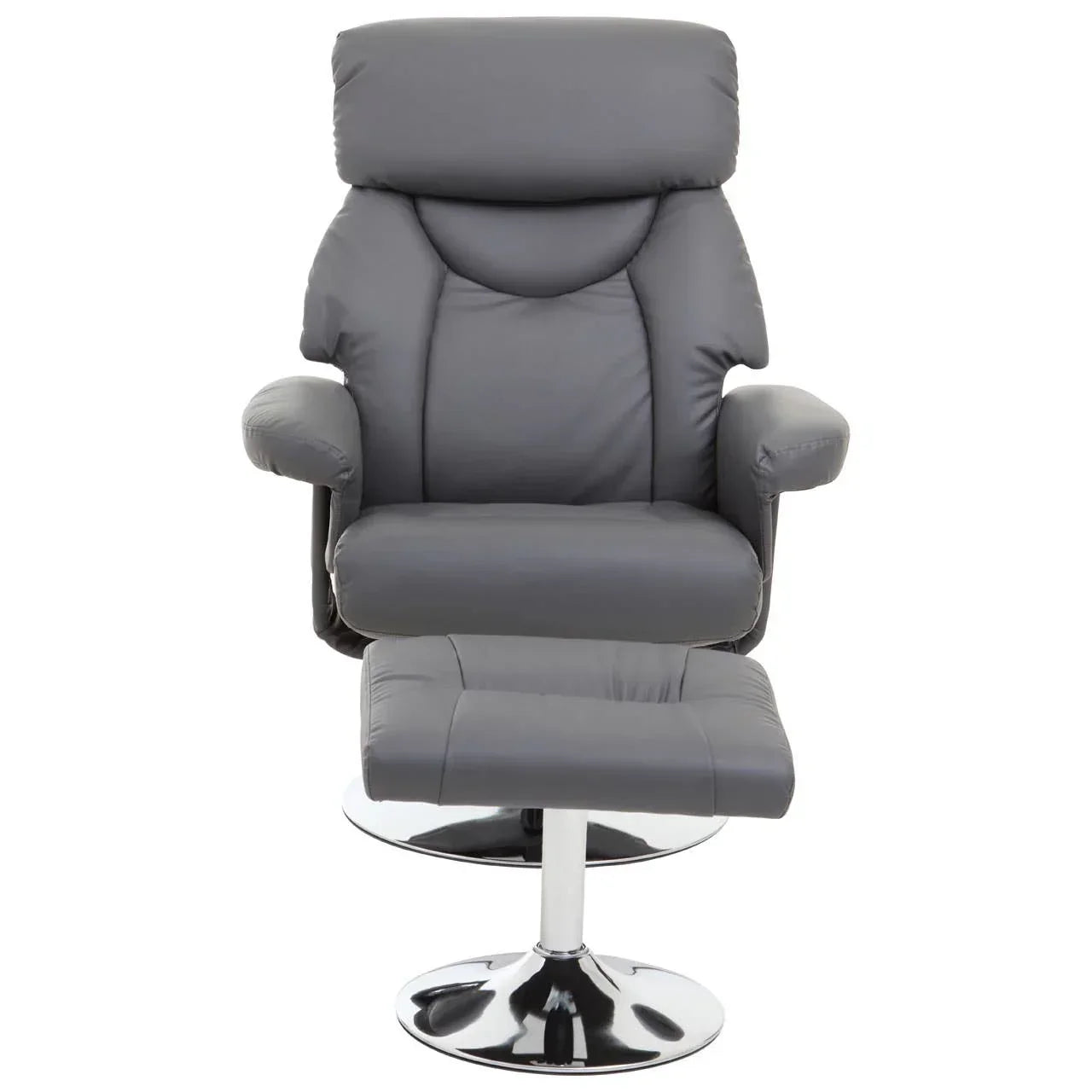 Grey leather recliner chair with matching footstool and chrome swivel base, front view