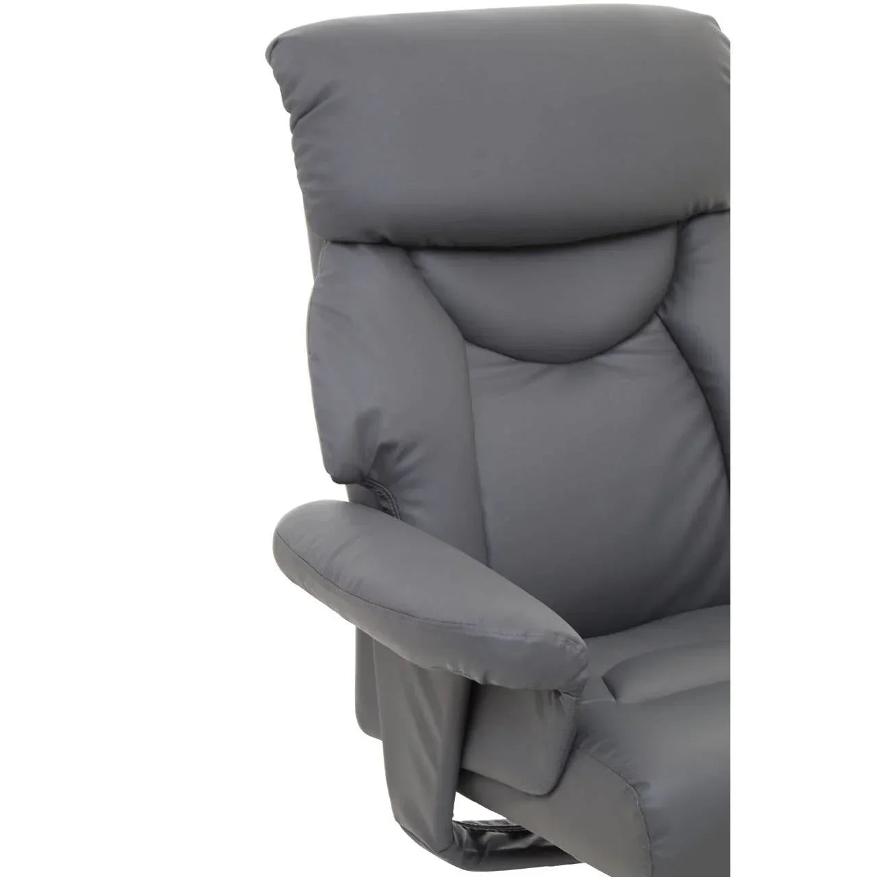 Close-up of grey leather recliner chair with padded armrest and high back support