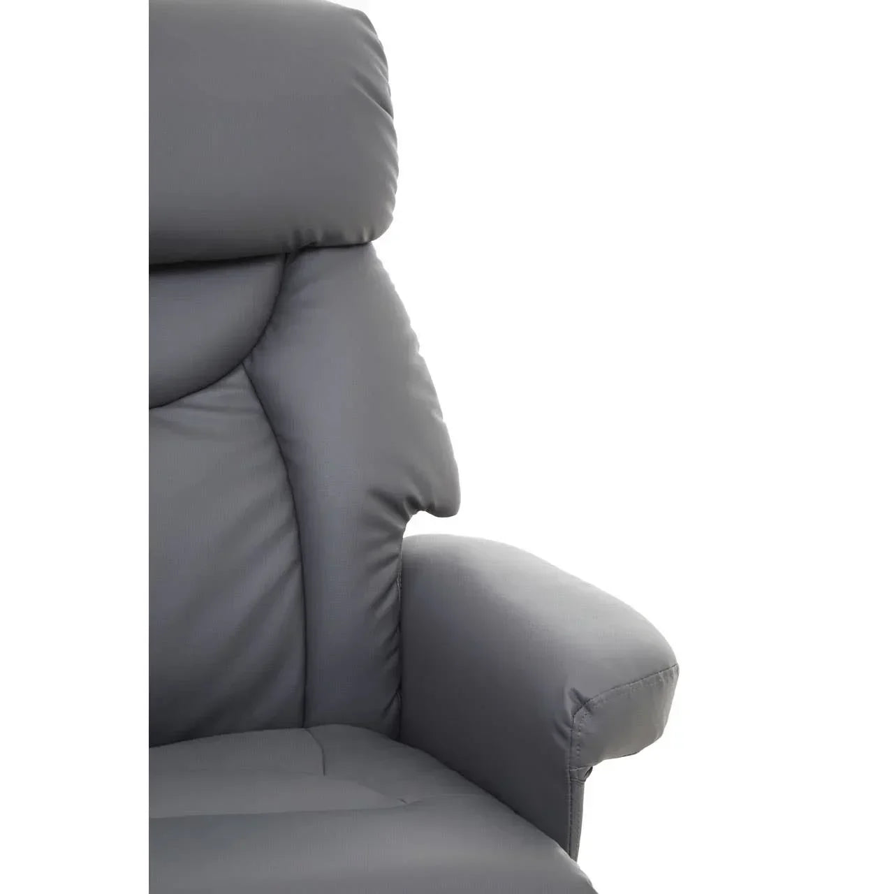 Close-up of grey leather recliner chair armrest and padded backrest