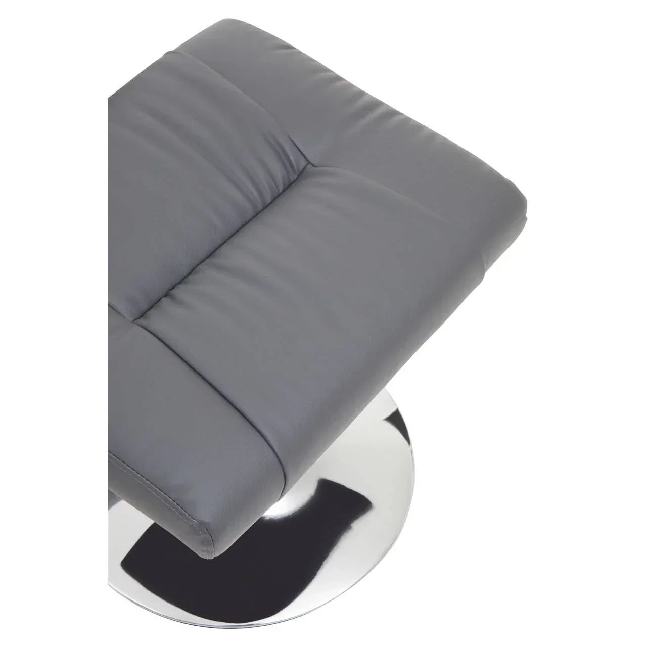 Grey leather footstool with chrome circular base, close-up of cushioned seat