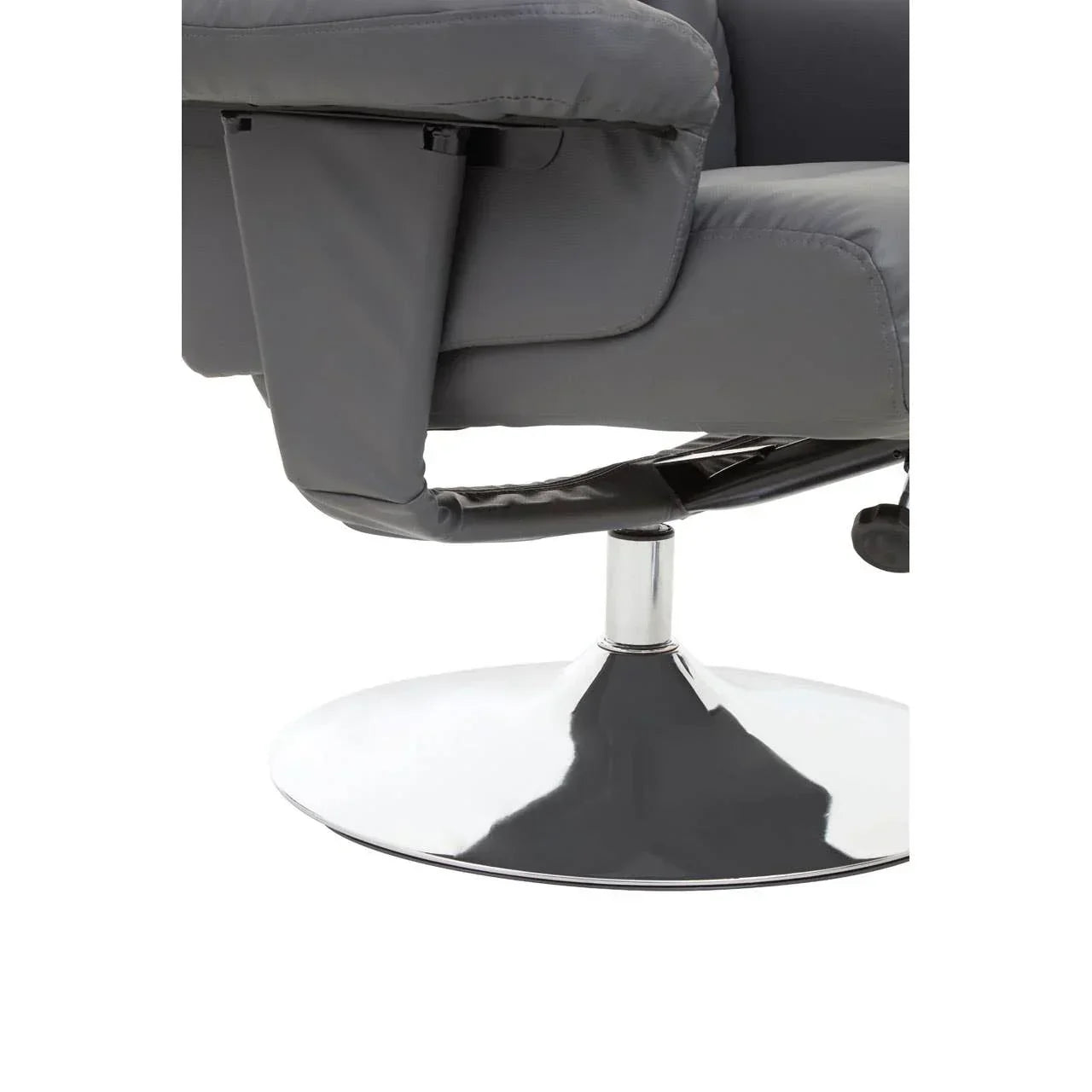 Grey recliner chair with chrome swivel base close-up