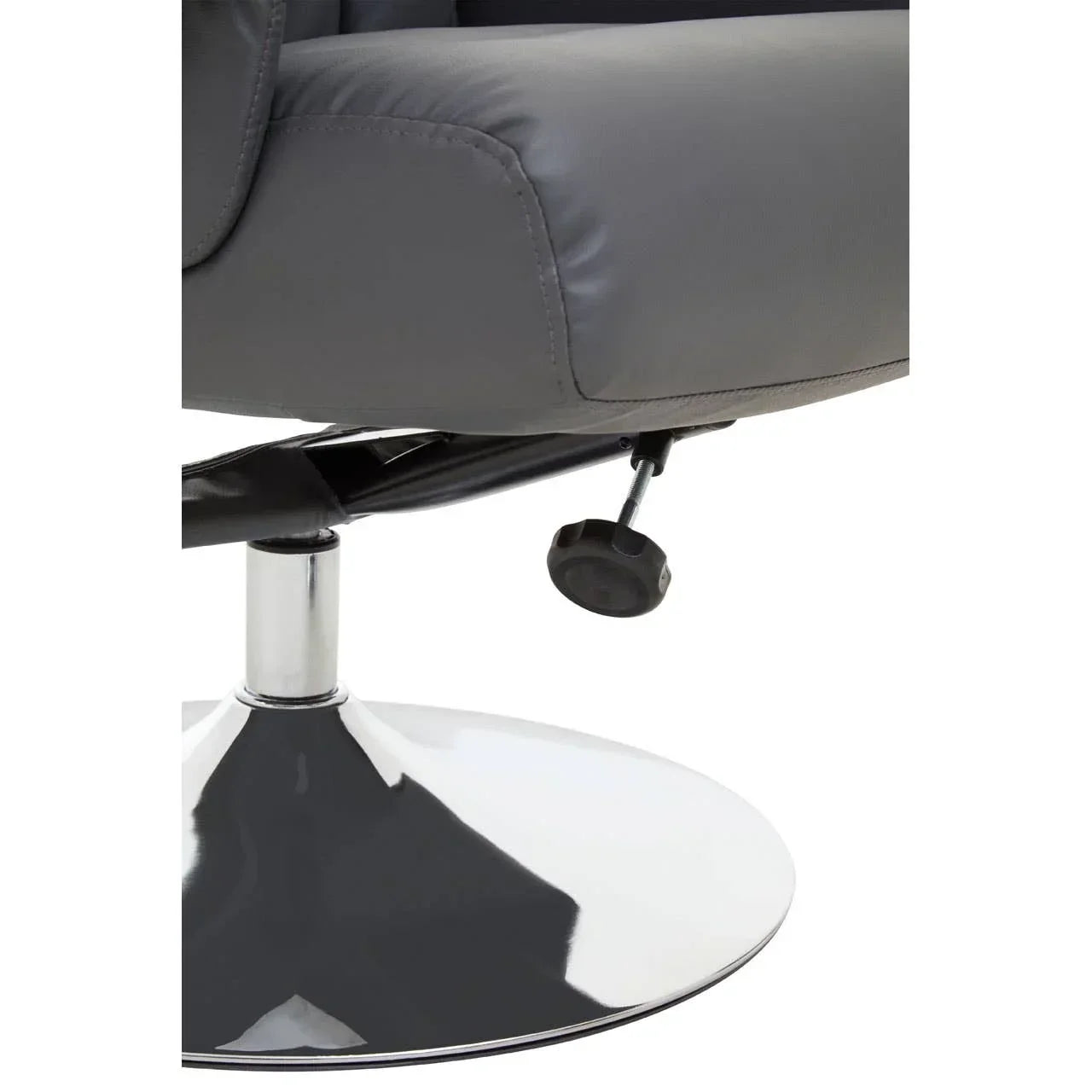Grey recliner chair seat with chrome pedestal base and tilt adjustment lever visible