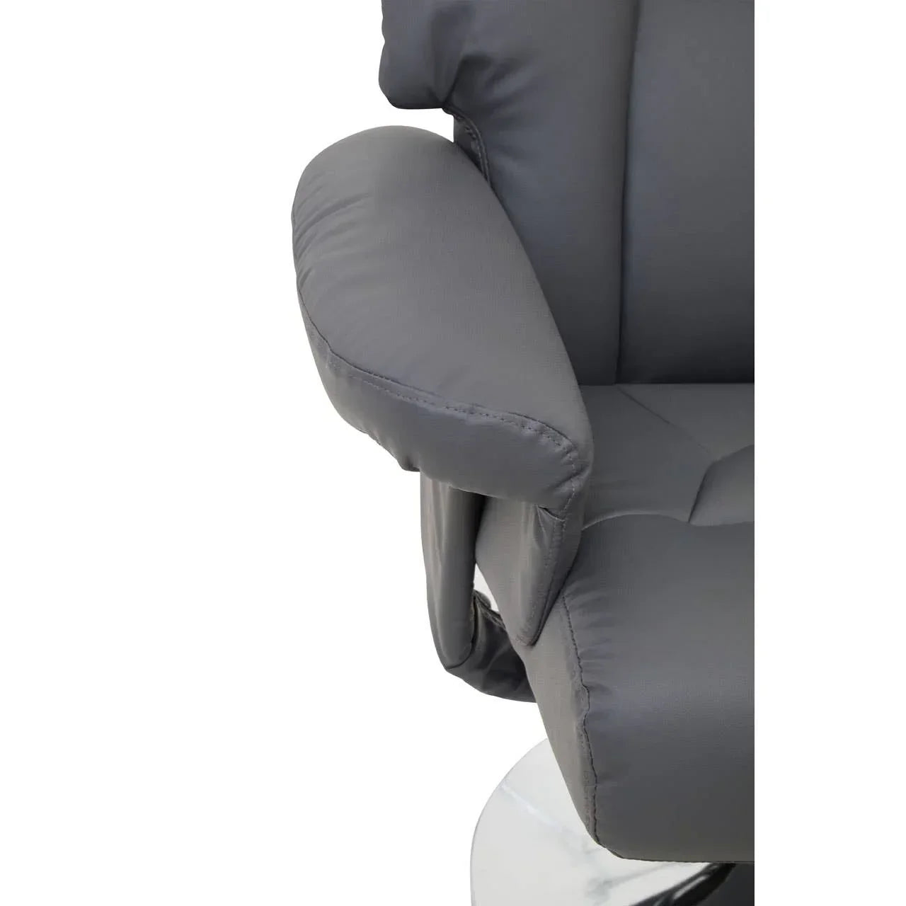 Grey leather swivel armchair close-up showing padded armrest and chrome base