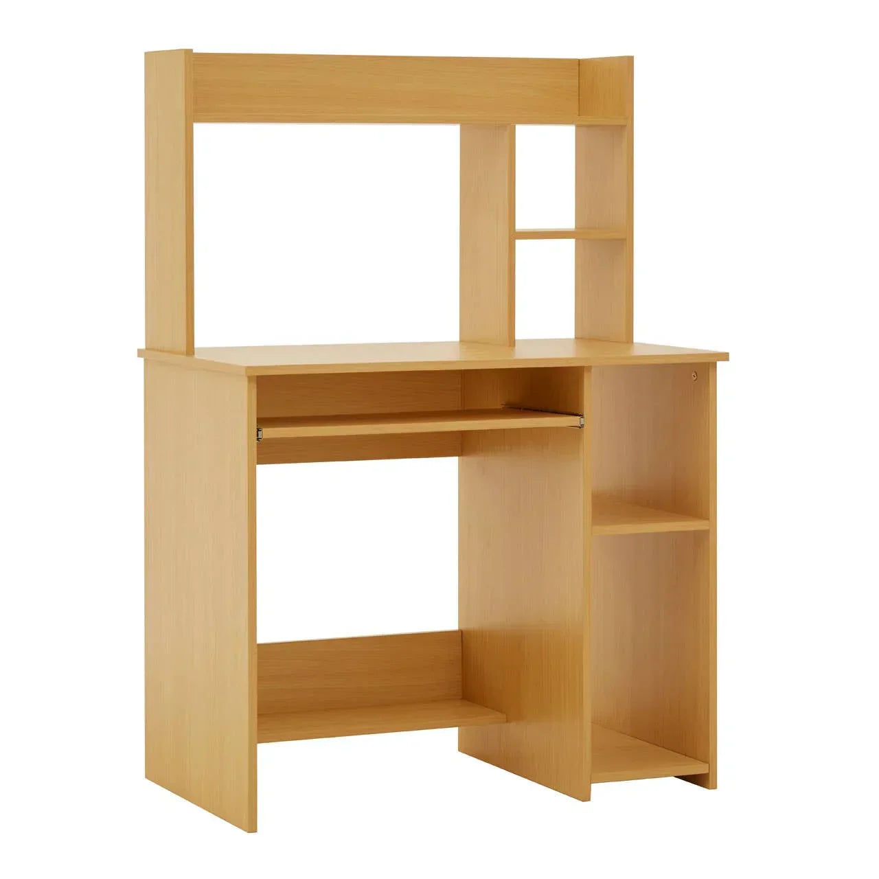 Oak computer desk with hutch, side shelves and pull-out keyboard tray
