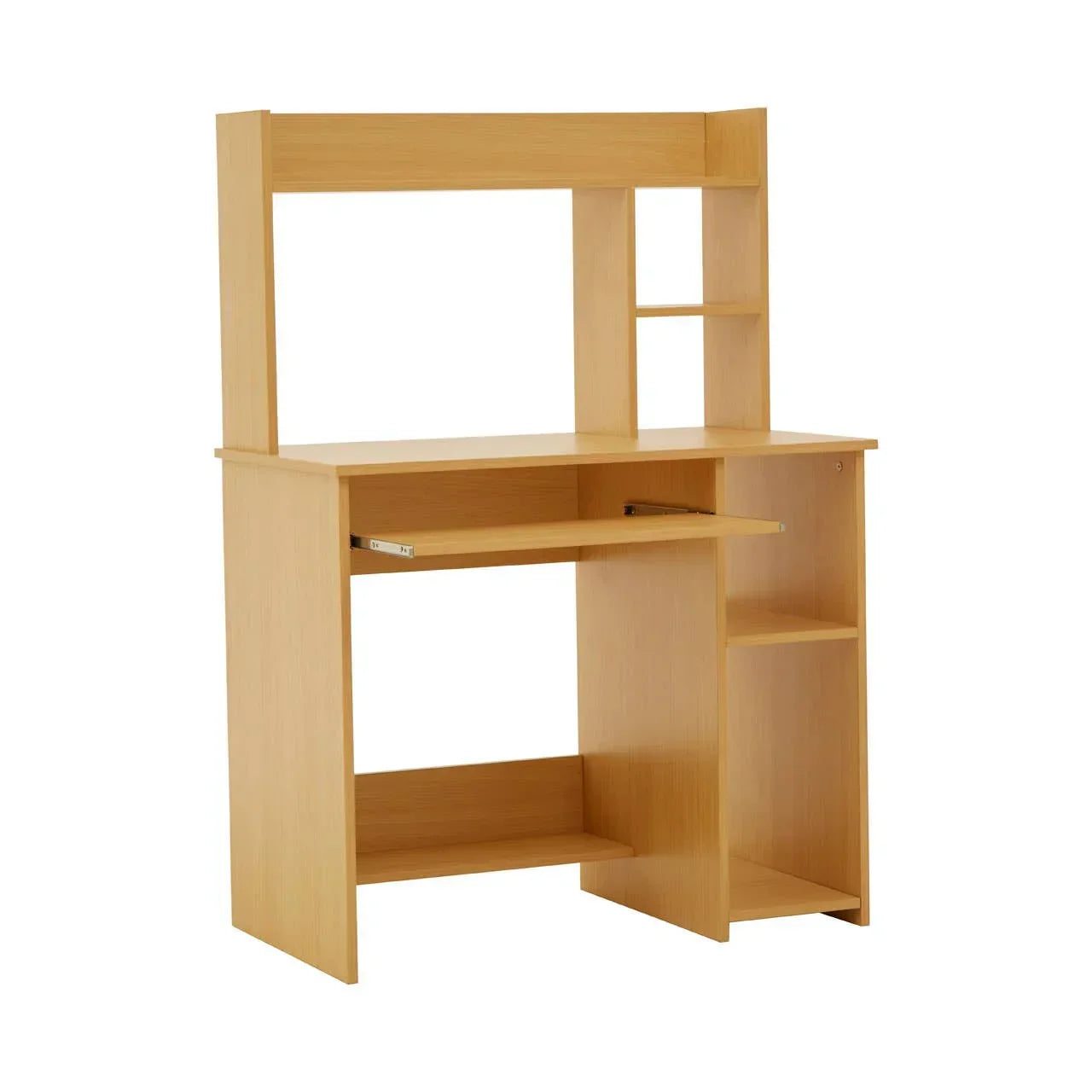 Light wood computer desk with storage shelves and pull-out keyboard tray