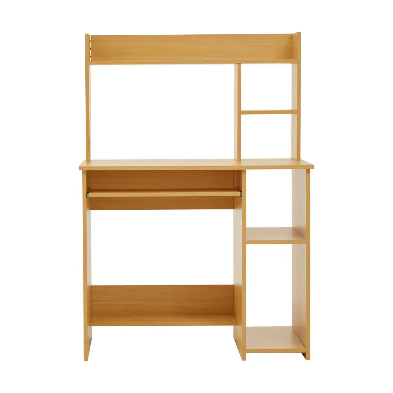 Oak finish computer desk with shelving and raised storage compartments