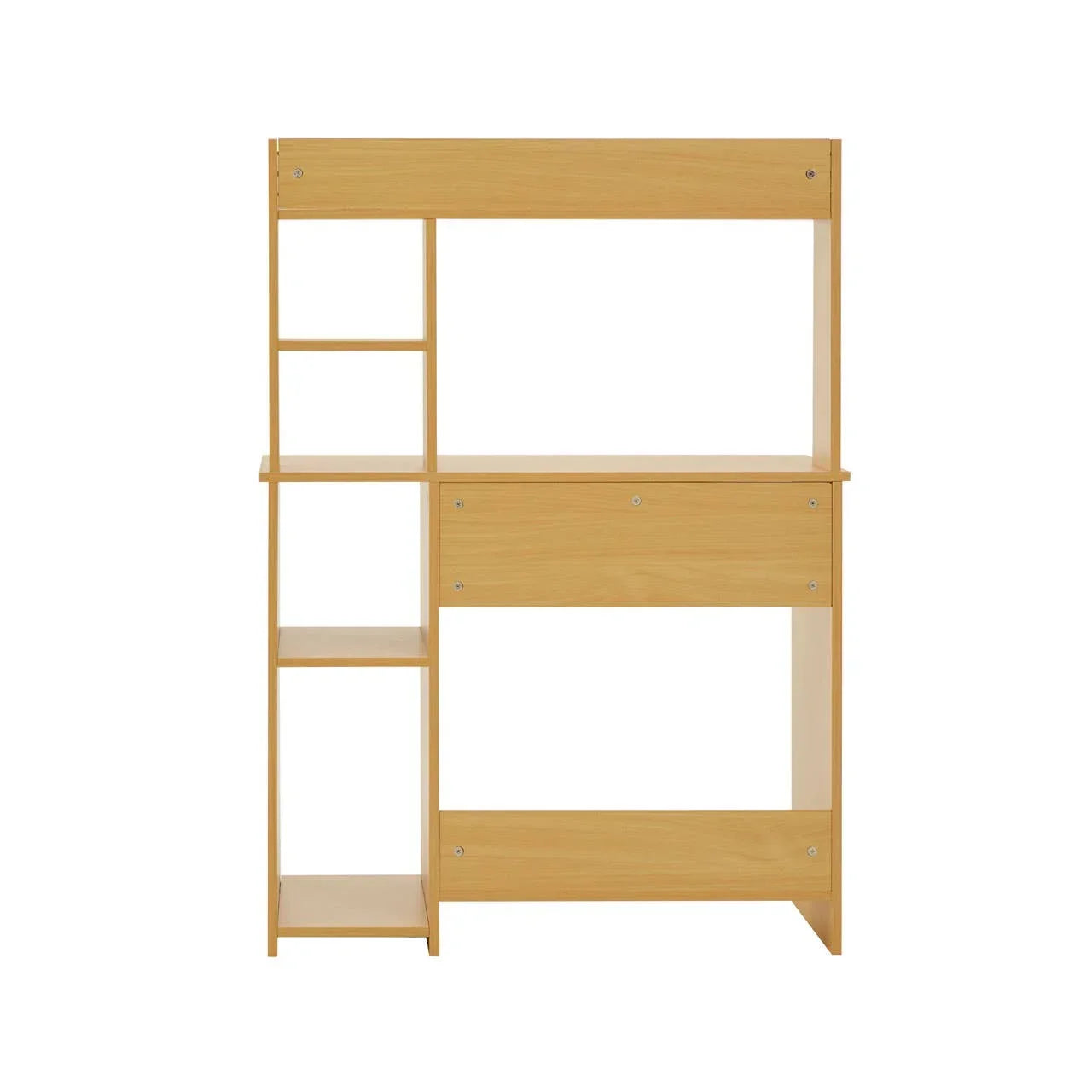 Light oak effect computer desk with open shelving units and storage compartments