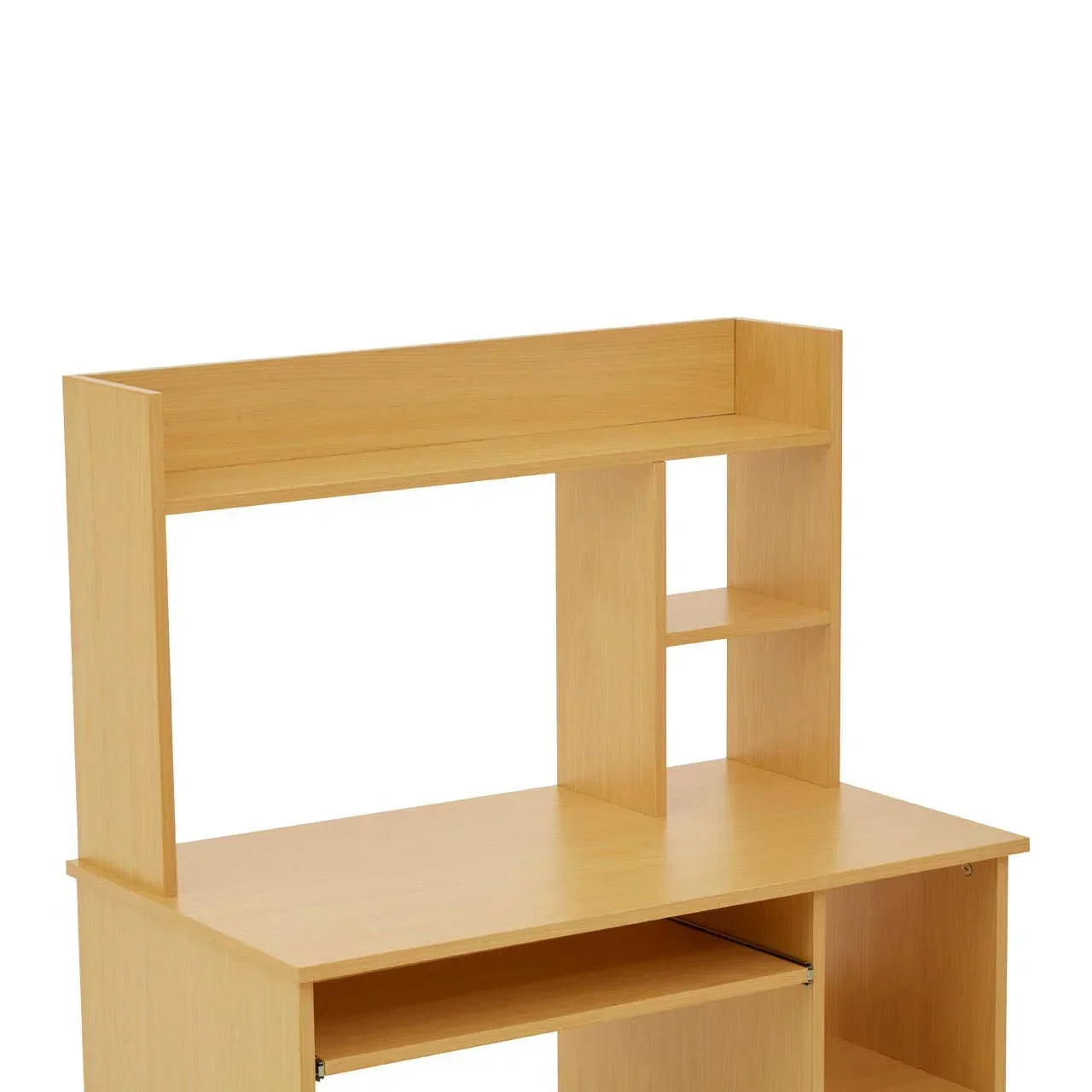 Light wood computer desk with hutch and open shelving for workspace organization