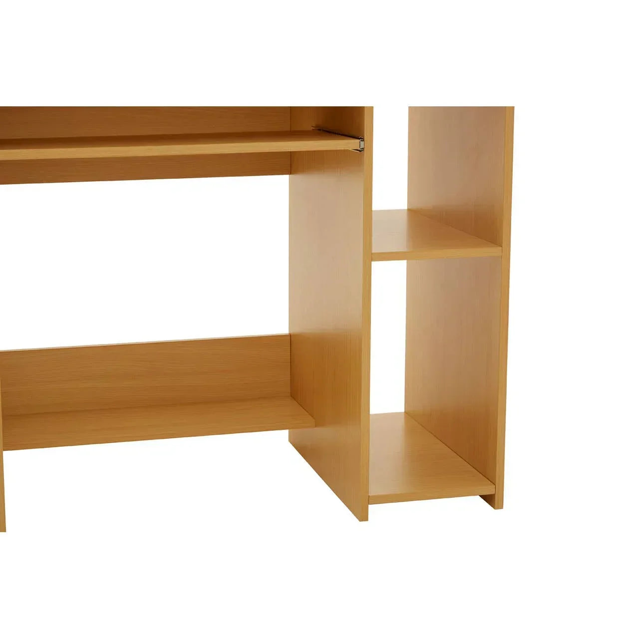 Oak effect bookcase shelving unit with multiple open compartments, close-up side view