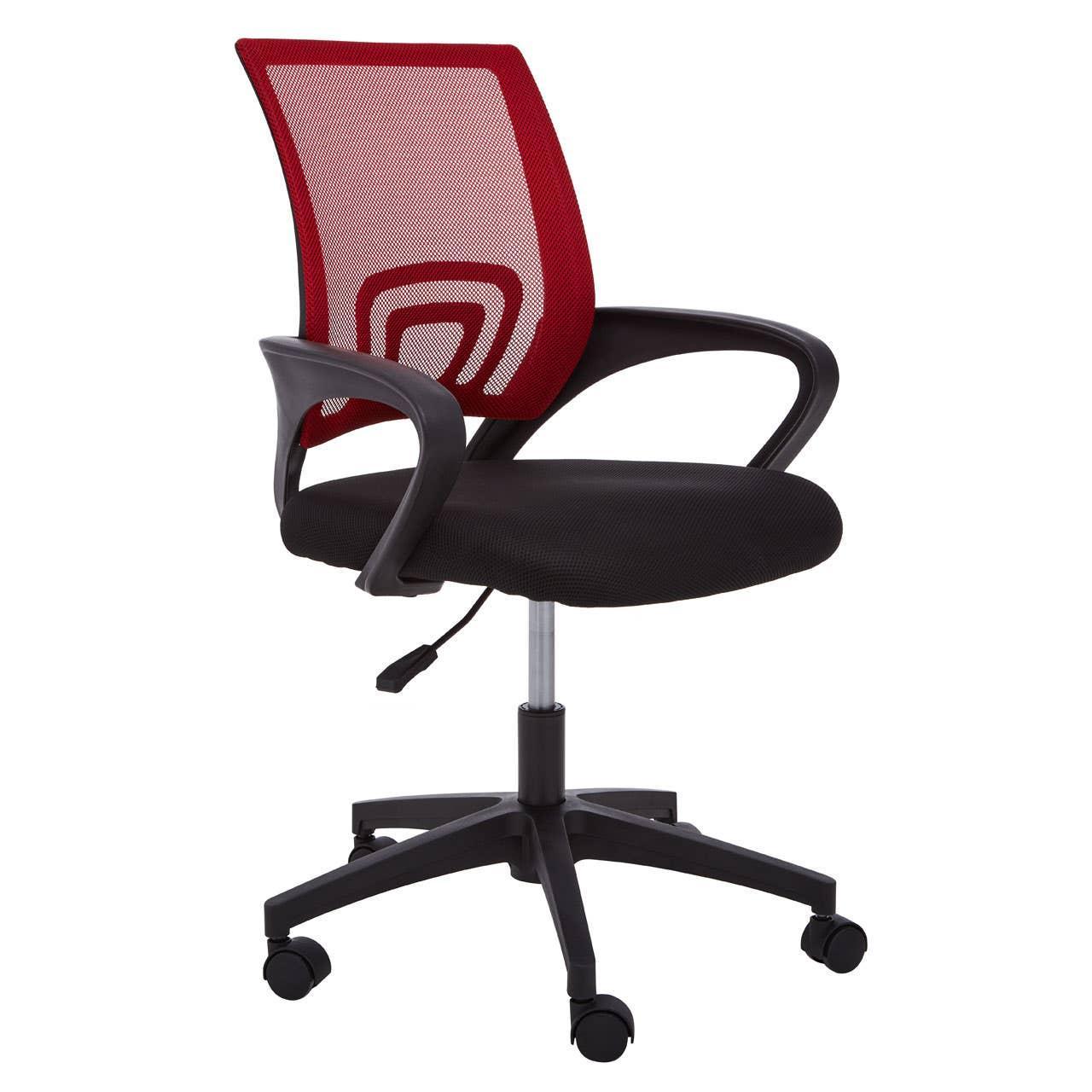 Black office chair with red mesh backrest, armrests and five-wheel swivel base