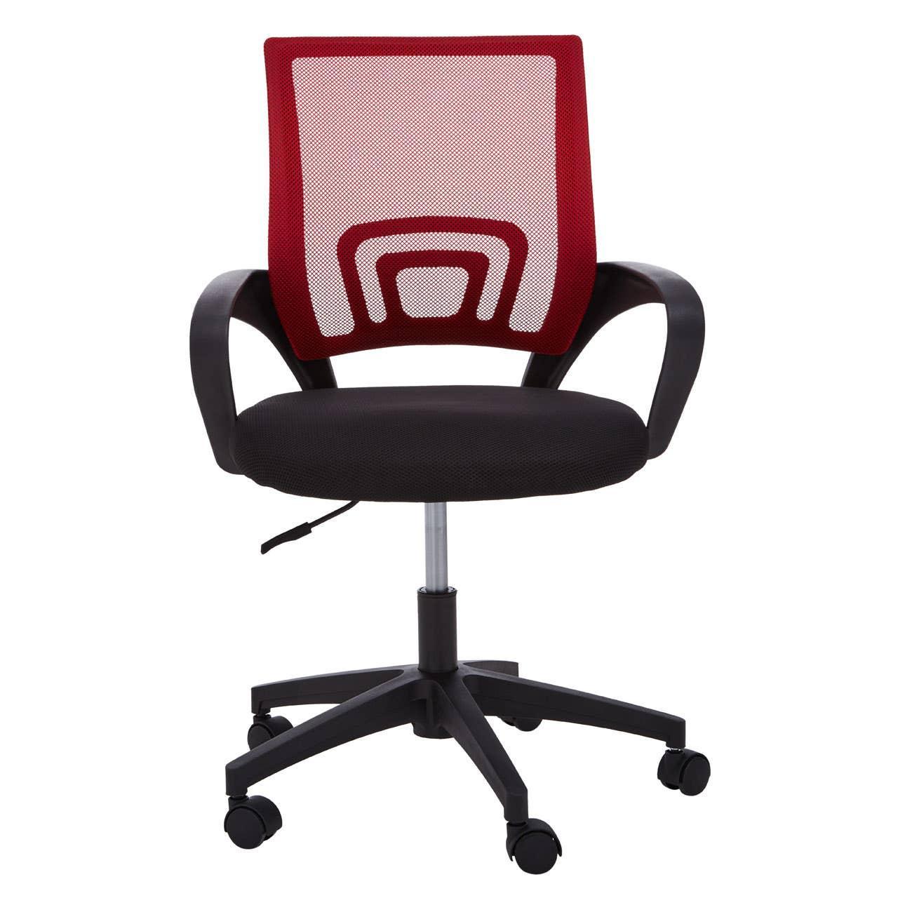 Black and red mesh office chair with armrests and adjustable seat on castor wheels