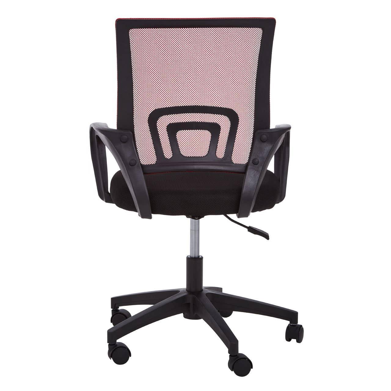 Black mesh office chair with armrests and swivel base, rear view highlighting back support