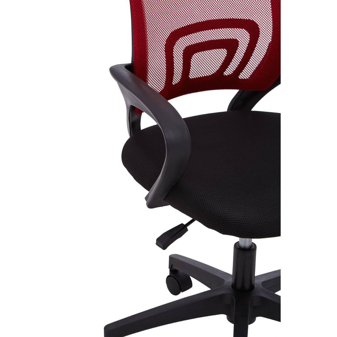 Mesh office chair with red backrest, black mesh seat, adjustable height and armrests