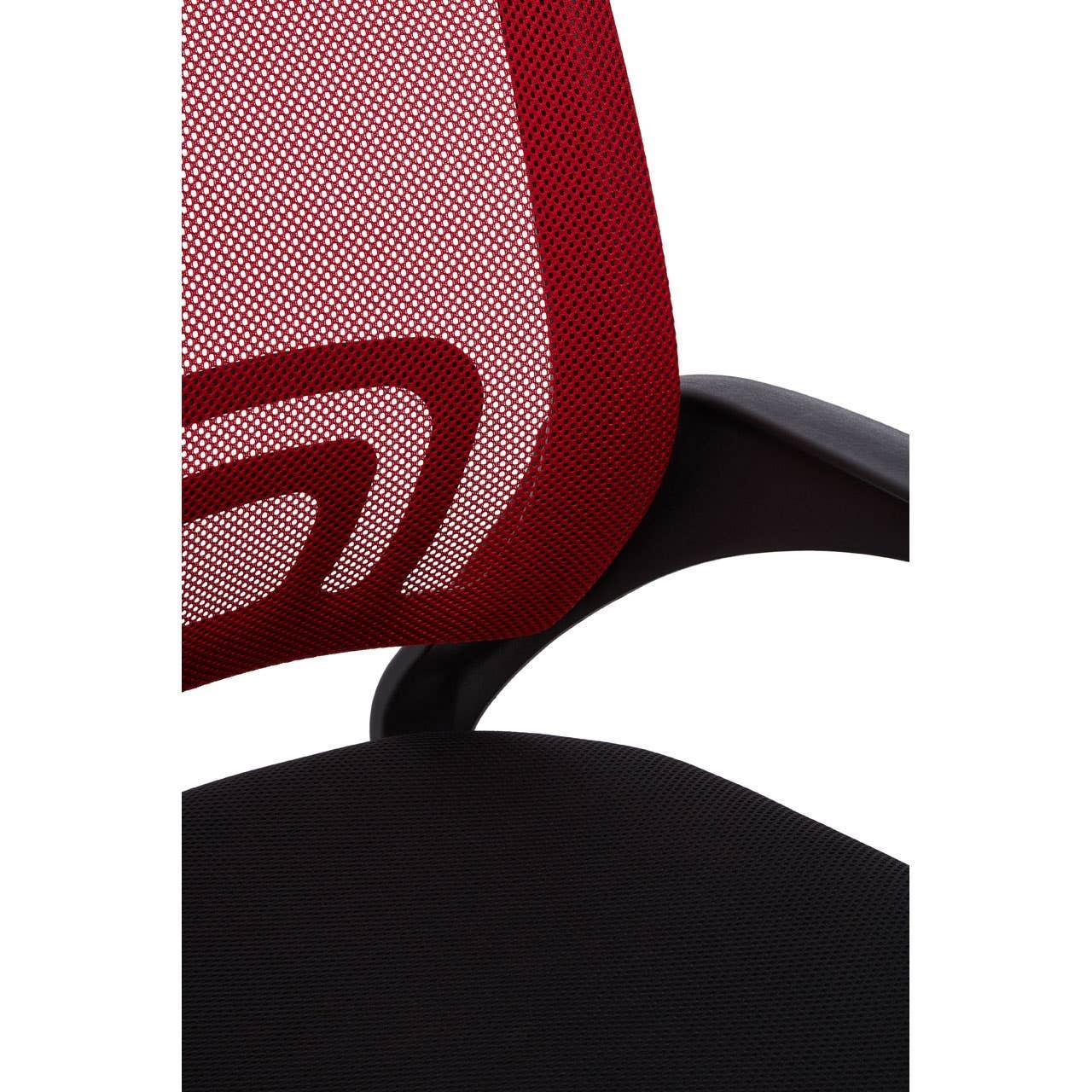 Red mesh office chair backrest and black fabric seat close-up