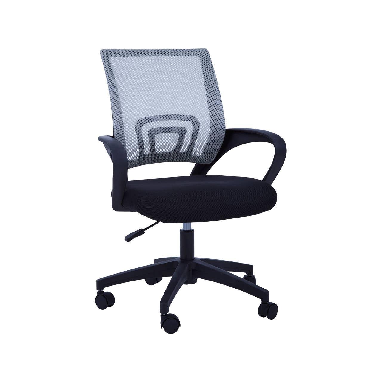 Black mesh office chair with curved armrests and adjustable height on caster wheels
