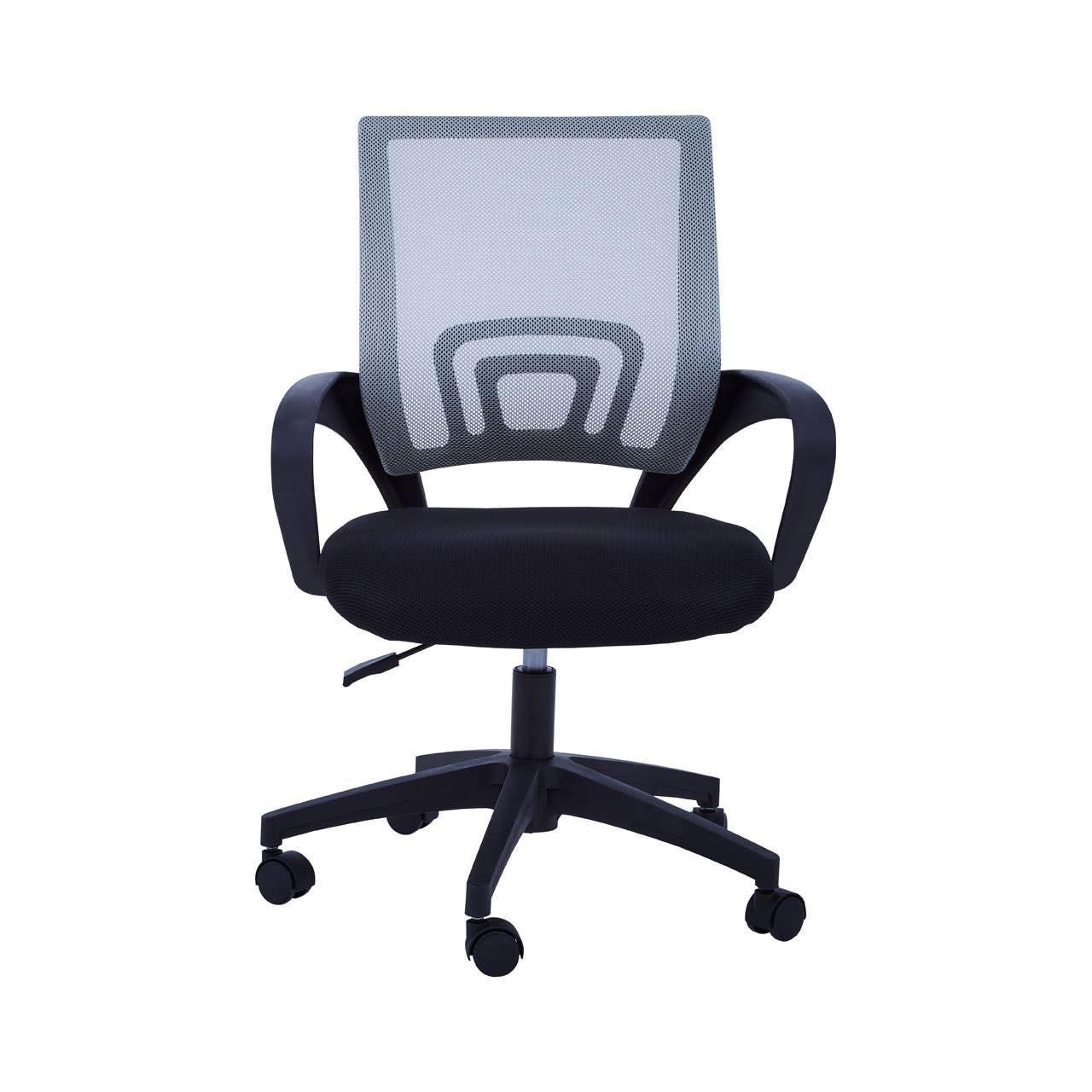 Black mesh office chair with padded seat and armrests on wheels