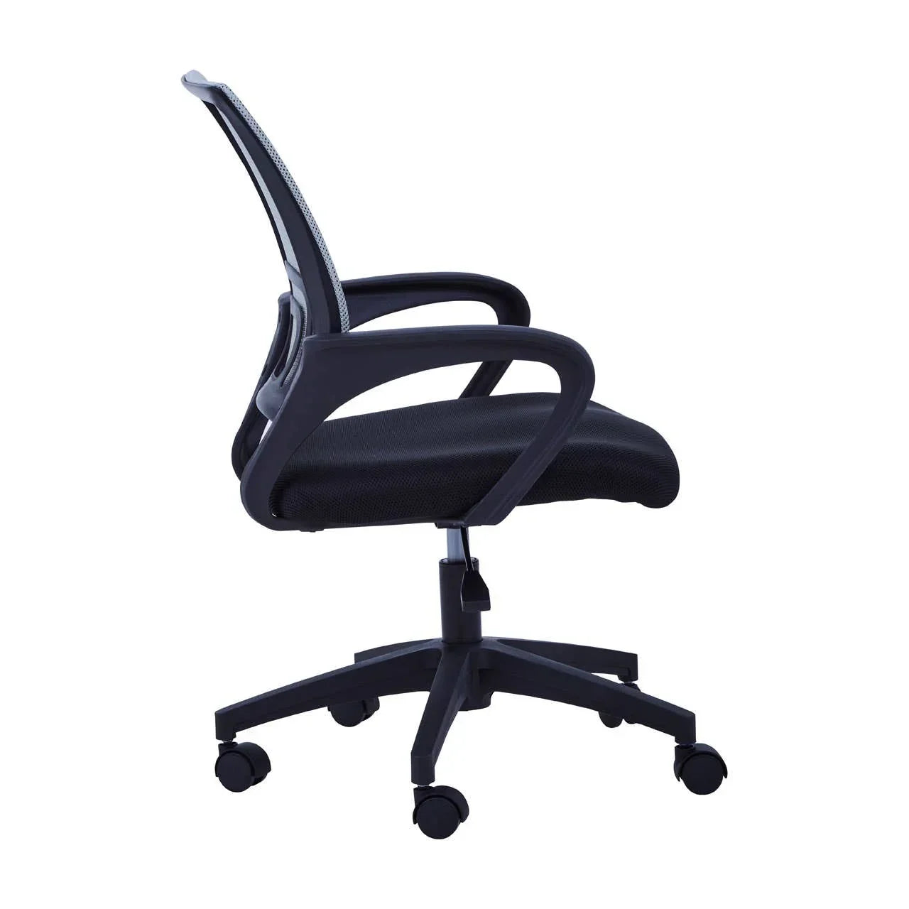 Black mesh office chair with armrests and caster wheels, side profile view