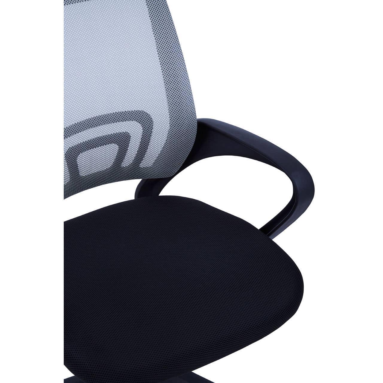 Mesh office chair with black seat and curved plastic armrest, close side view