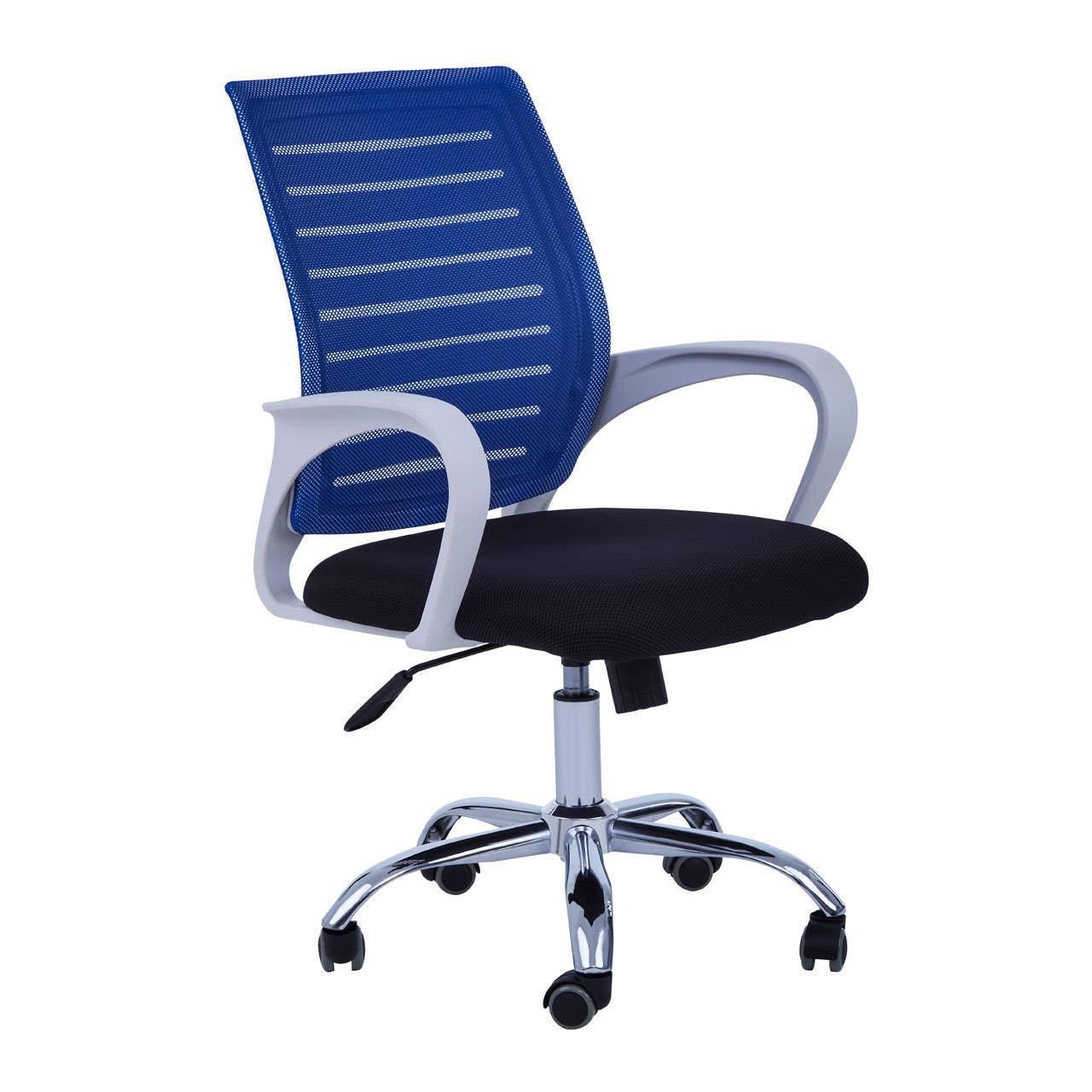 Blue mesh office chair with white arms, black seat and chrome base on casters