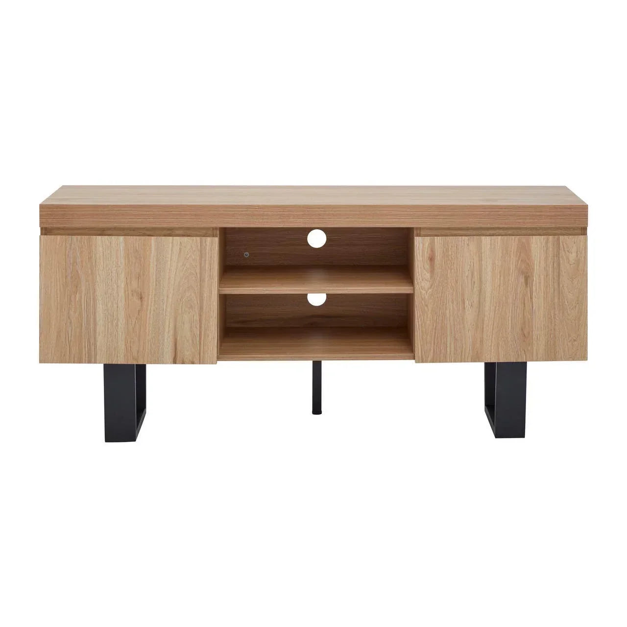 Oak wood TV unit with two cabinets, central shelves, and black legs, front view