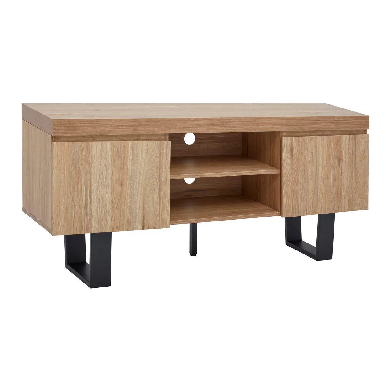 Oak TV unit with black metal legs, two side cabinets, and open central shelves