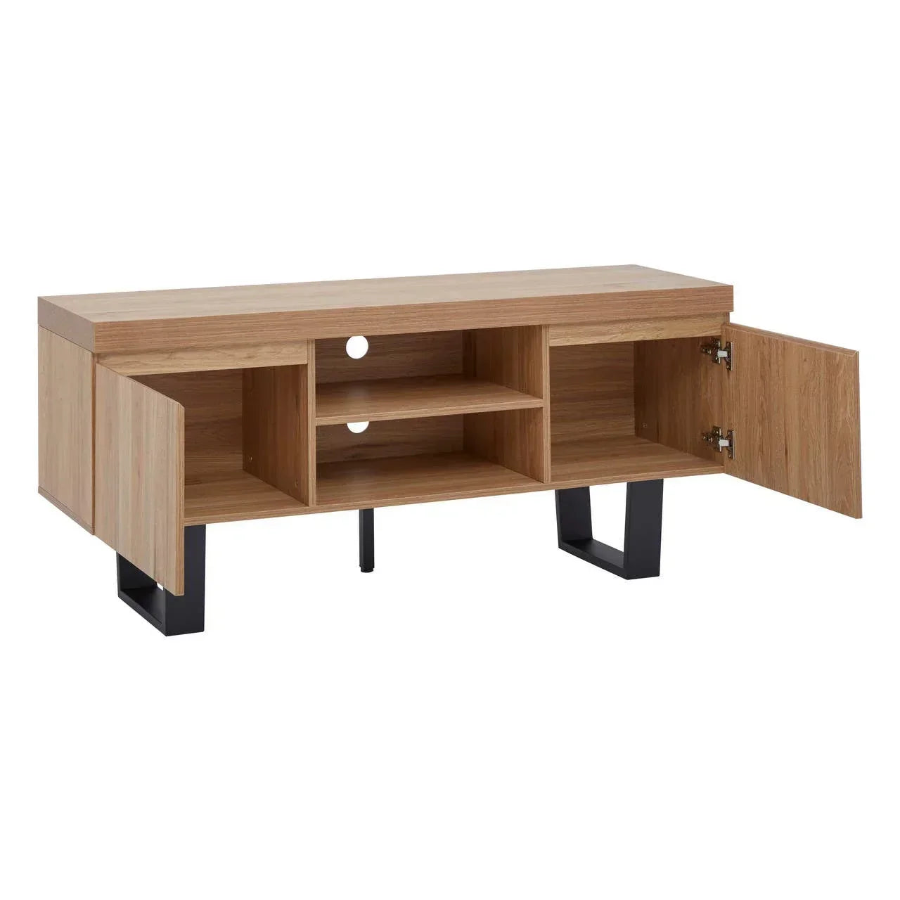 Oak TV unit with open shelves, side cabinets, and black metal legs, front view