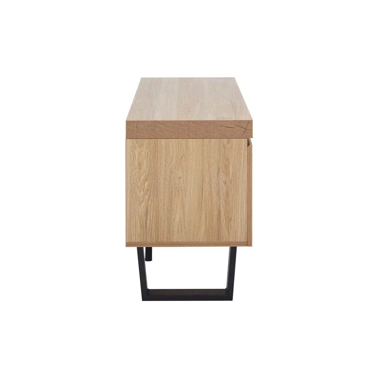 Side view of oak wood sideboard with black metal legs