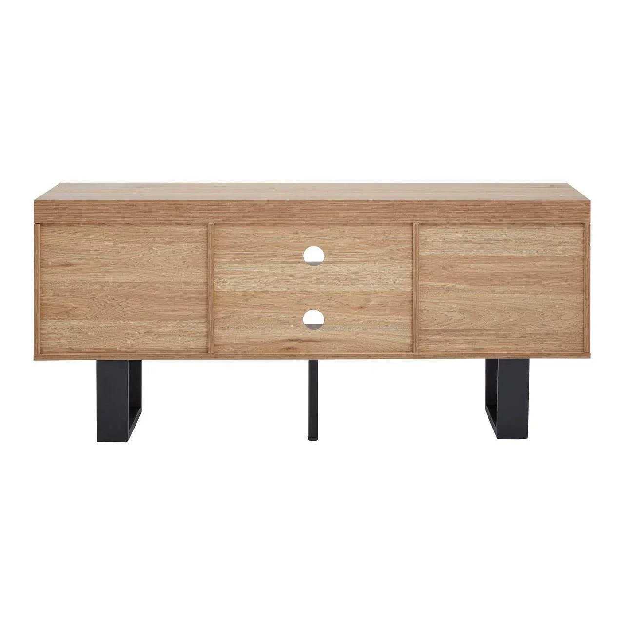 Modern oak sideboard with two drawers, sliding doors and black metal legs, front view
