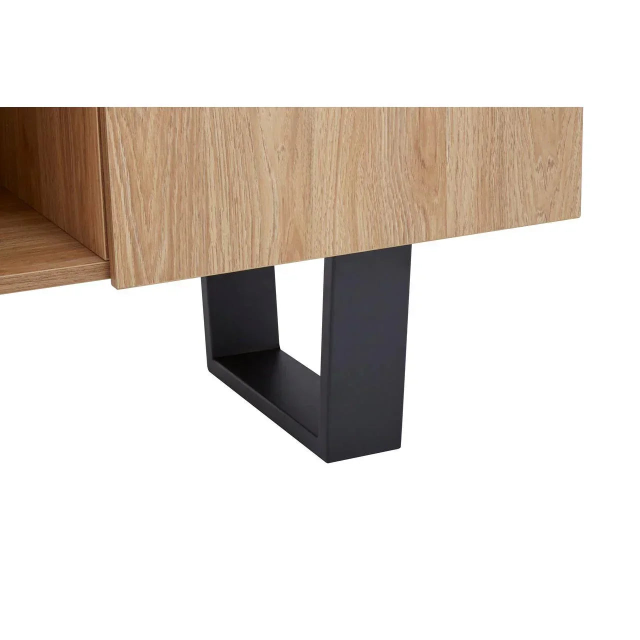 Oak-effect TV unit with black metal legs close-up