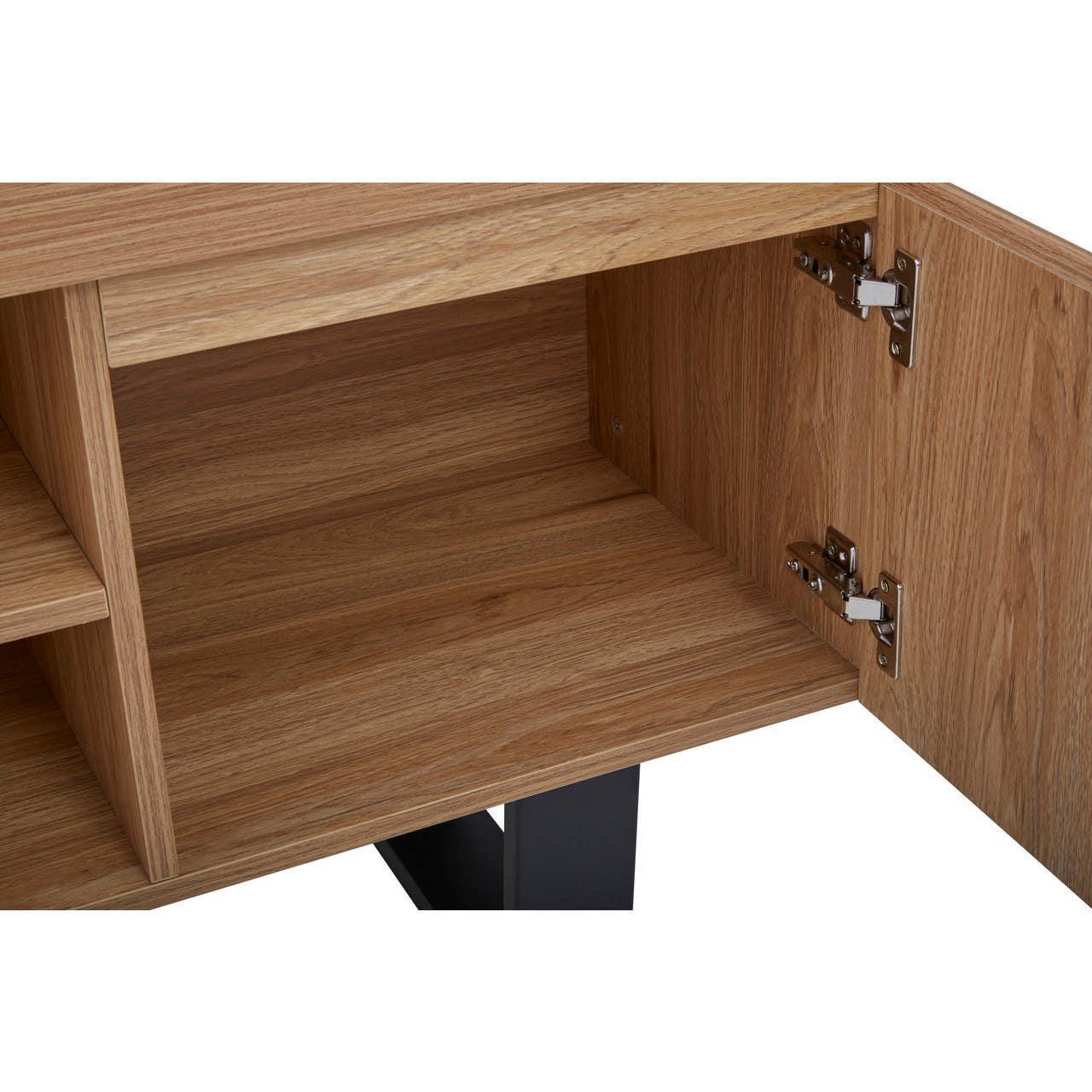 Oak effect cabinet with open door showing interior shelving and metal hinges