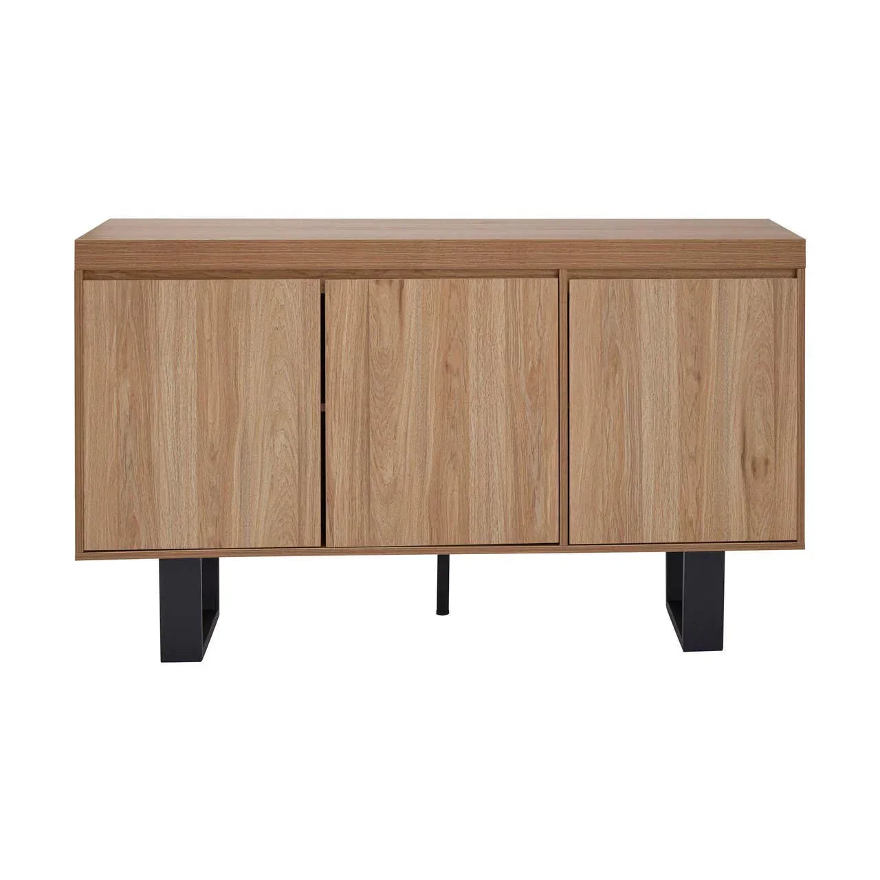 Oak effect sideboard with black metal legs and three doors, front angle view