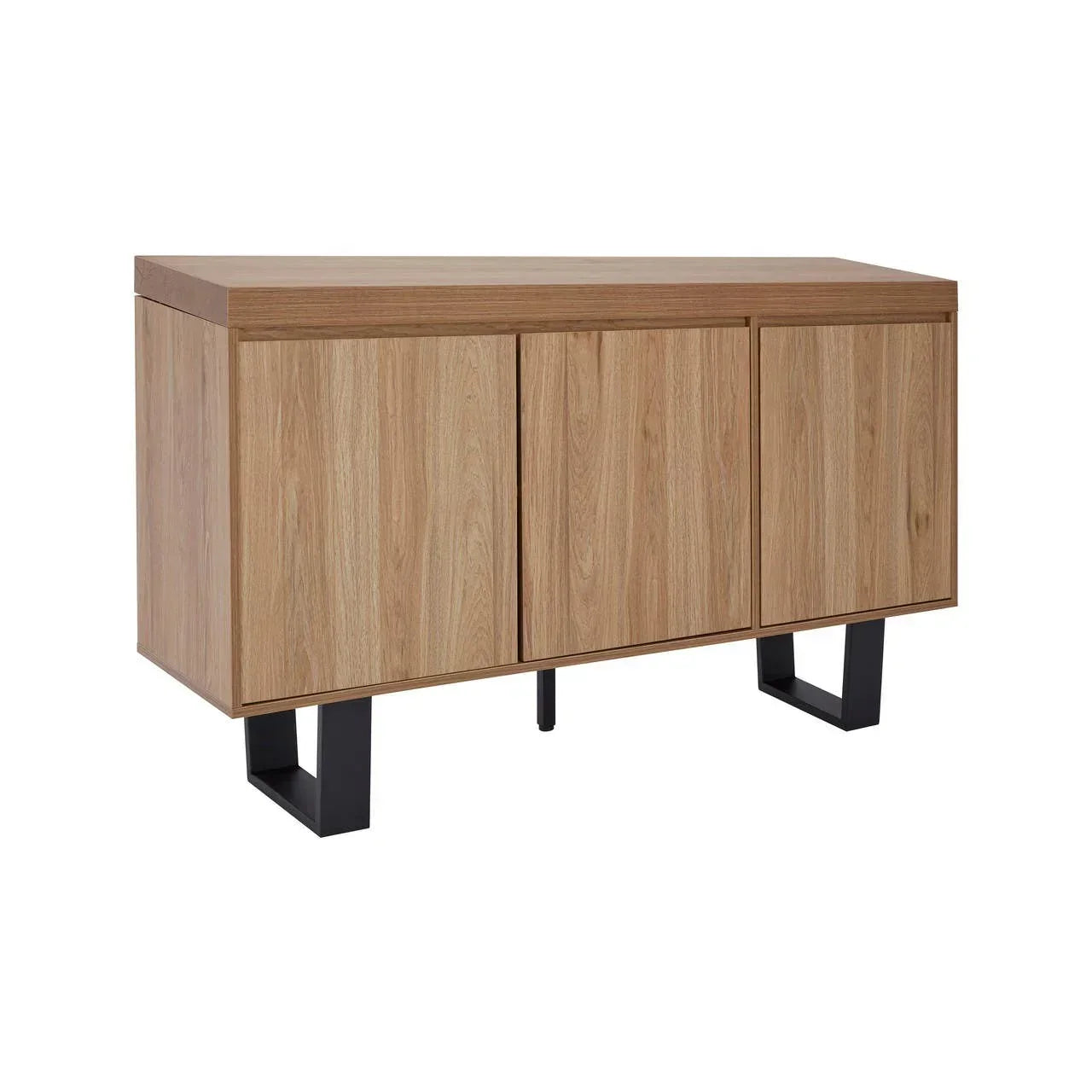 Oak sideboard with three doors and black metal legs, modern minimalist design