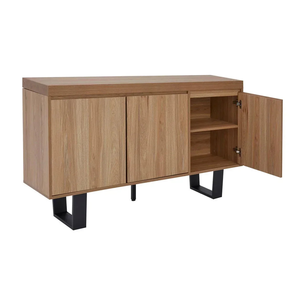Oak sideboard with open cabinet door, black metal legs and two internal shelves