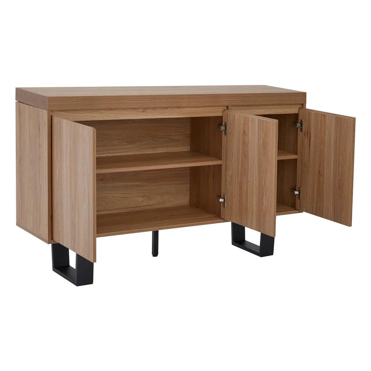 Oak sideboard cabinet with black metal legs and open doors showing internal shelves