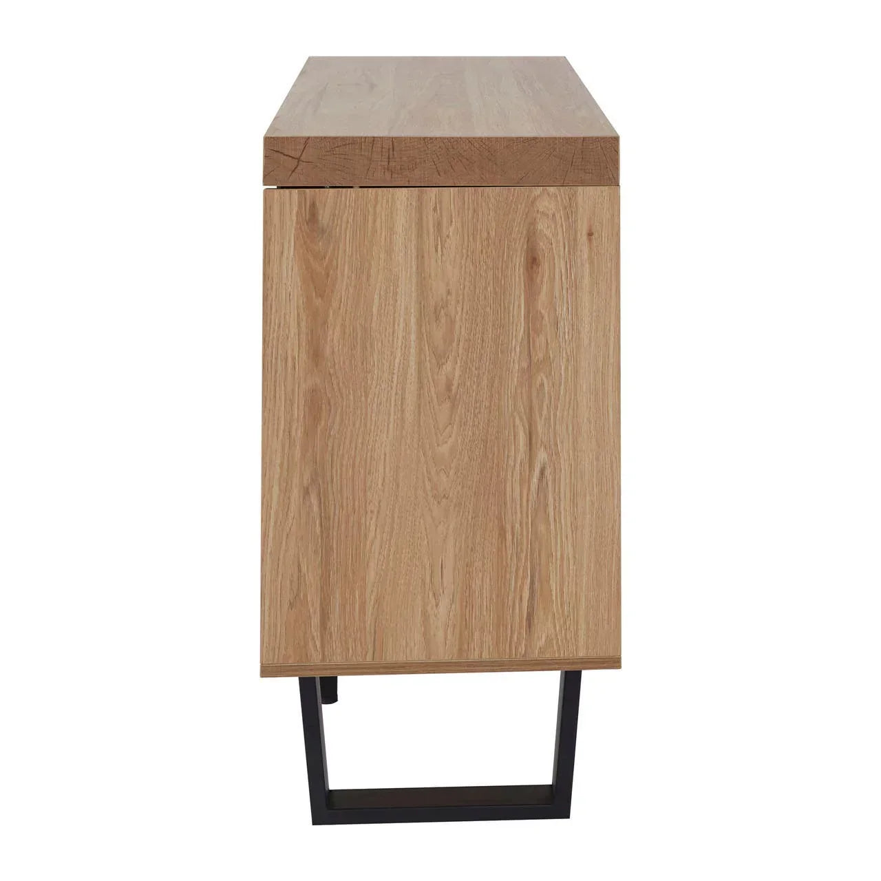 Side view of modern oak sideboard with black metal base