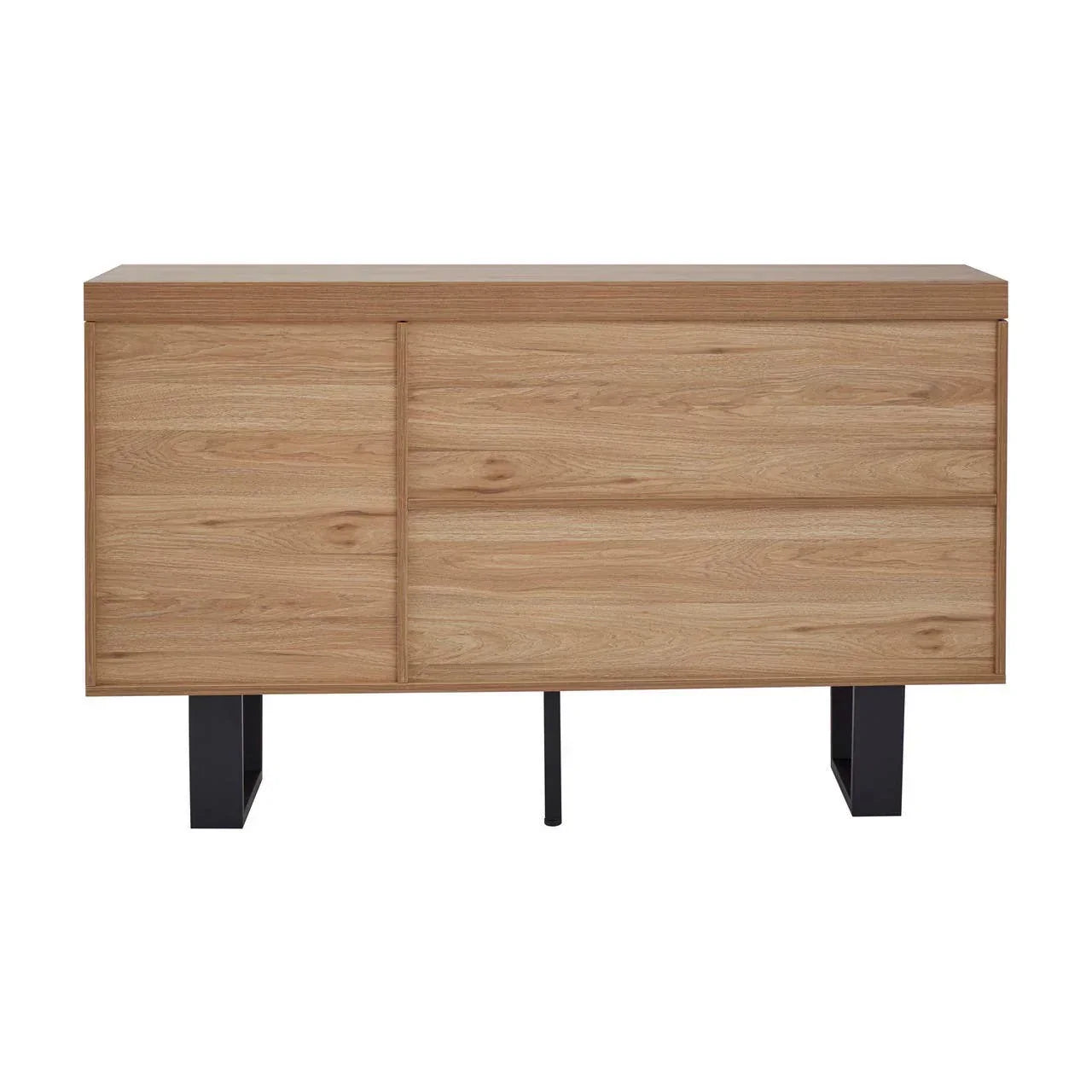 Oak sideboard with sliding doors and black metal legs on white background