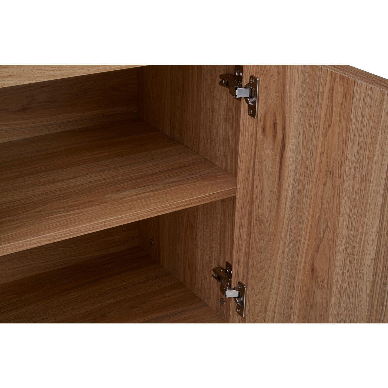 Oak effect cabinet shelving with adjustable shelf and metal door hinges