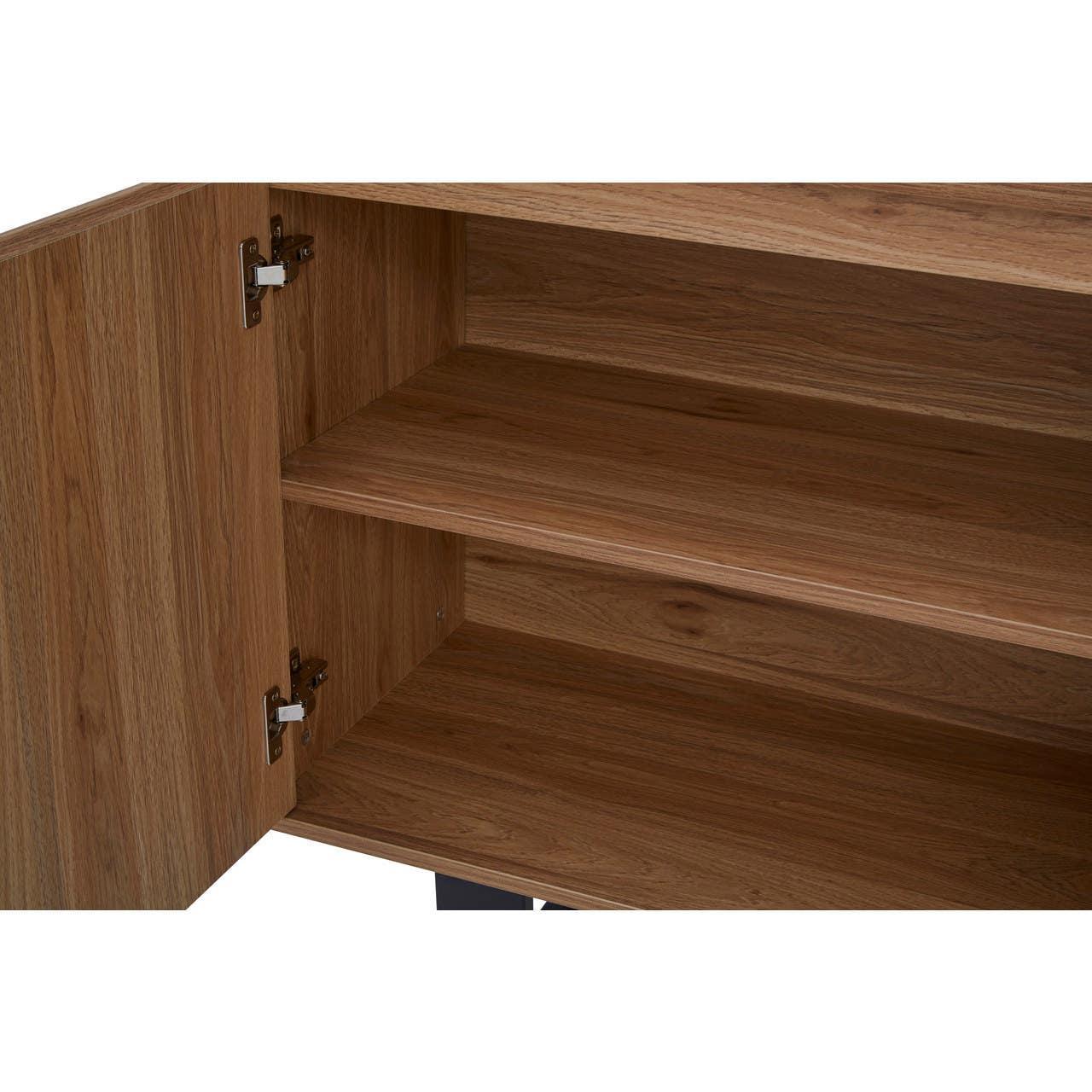 Open wooden sideboard cupboard with adjustable shelf and visible wood grain interior