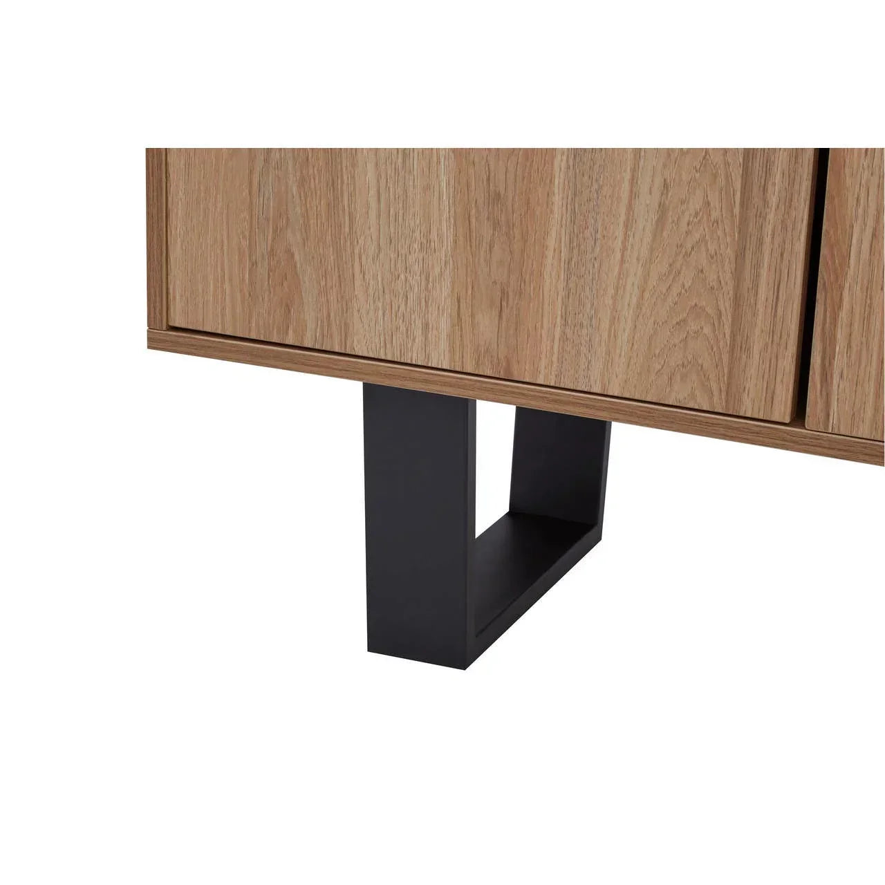 Oak sideboard cabinet with black metal leg base closeup
