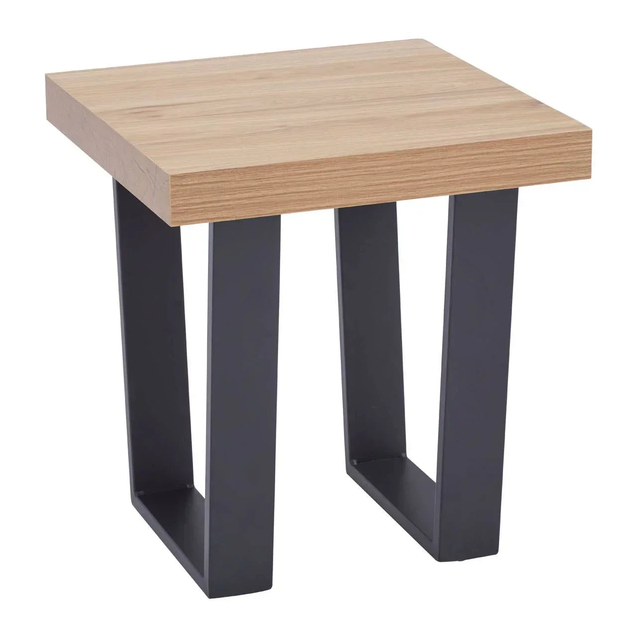 Square wooden side table with light oak top and black metal legs