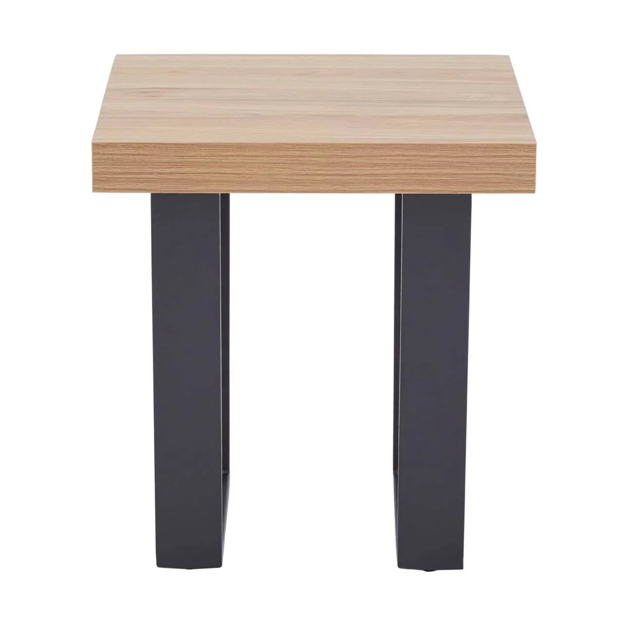 Square wooden side table with black metal legs, front angle view