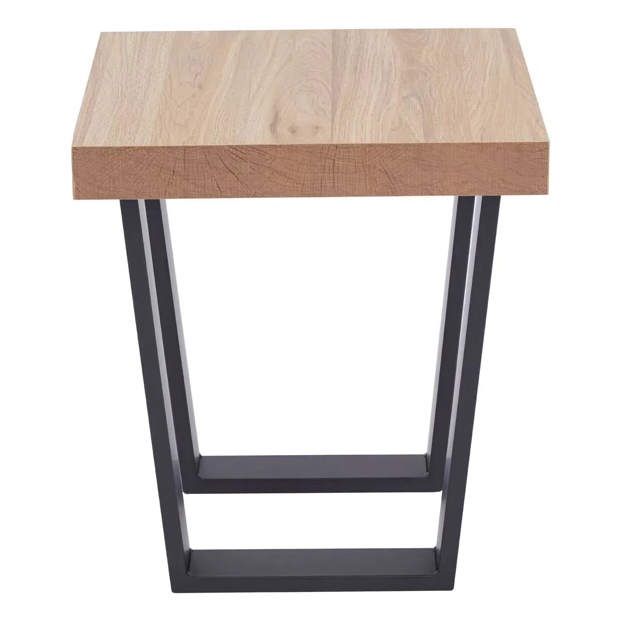 Oak effect side table with black metal frame, front view highlighting sturdy legs