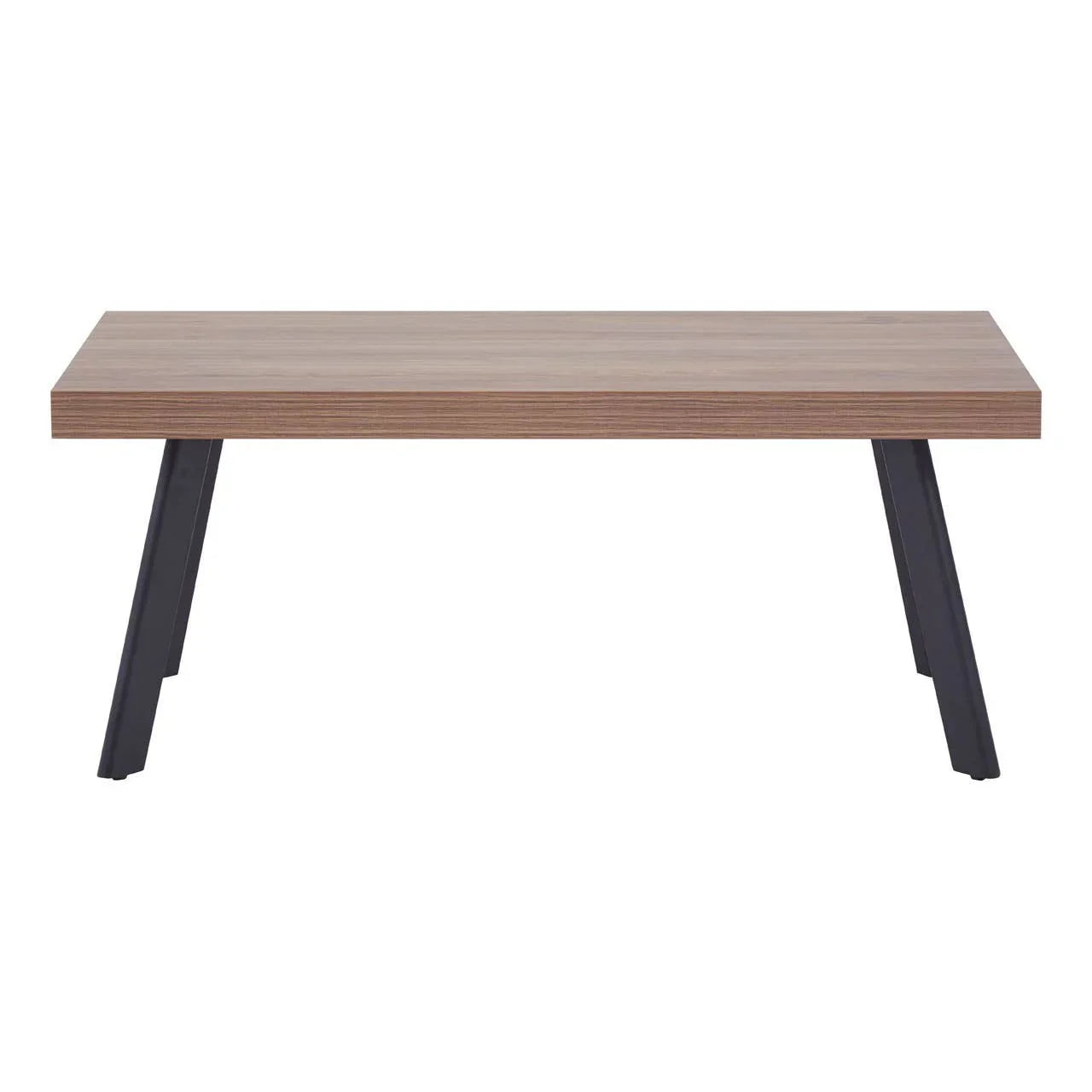 Rectangular wooden coffee table with black angled metal legs, front view