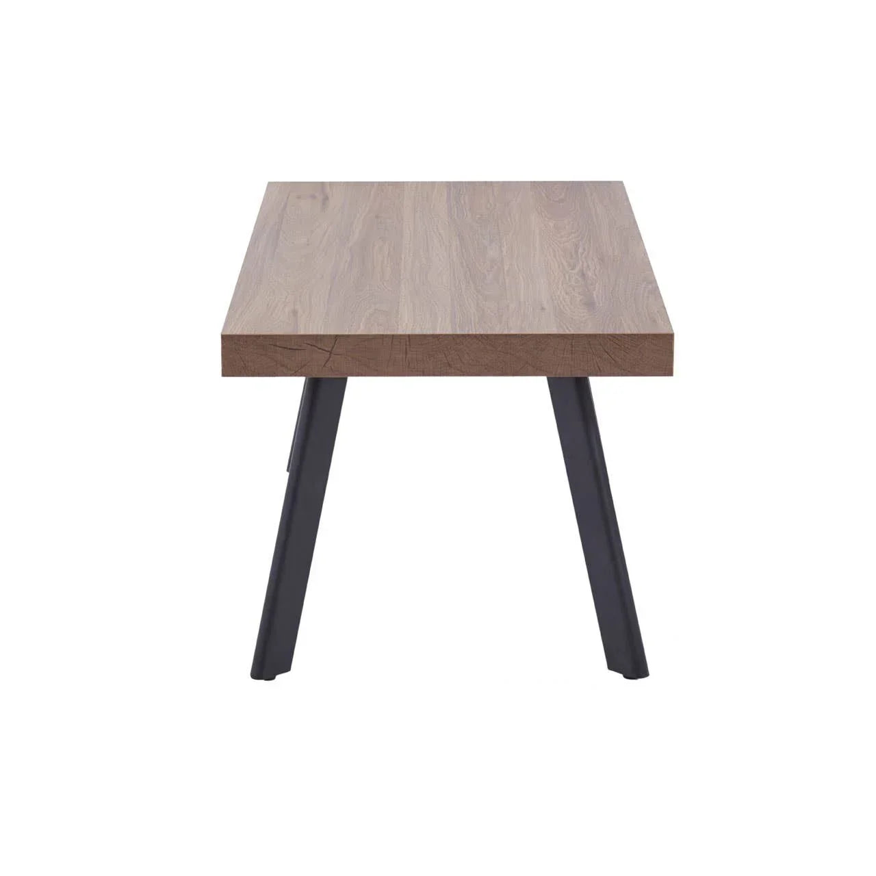 Rectangular wooden dining table with black angled metal legs, front view