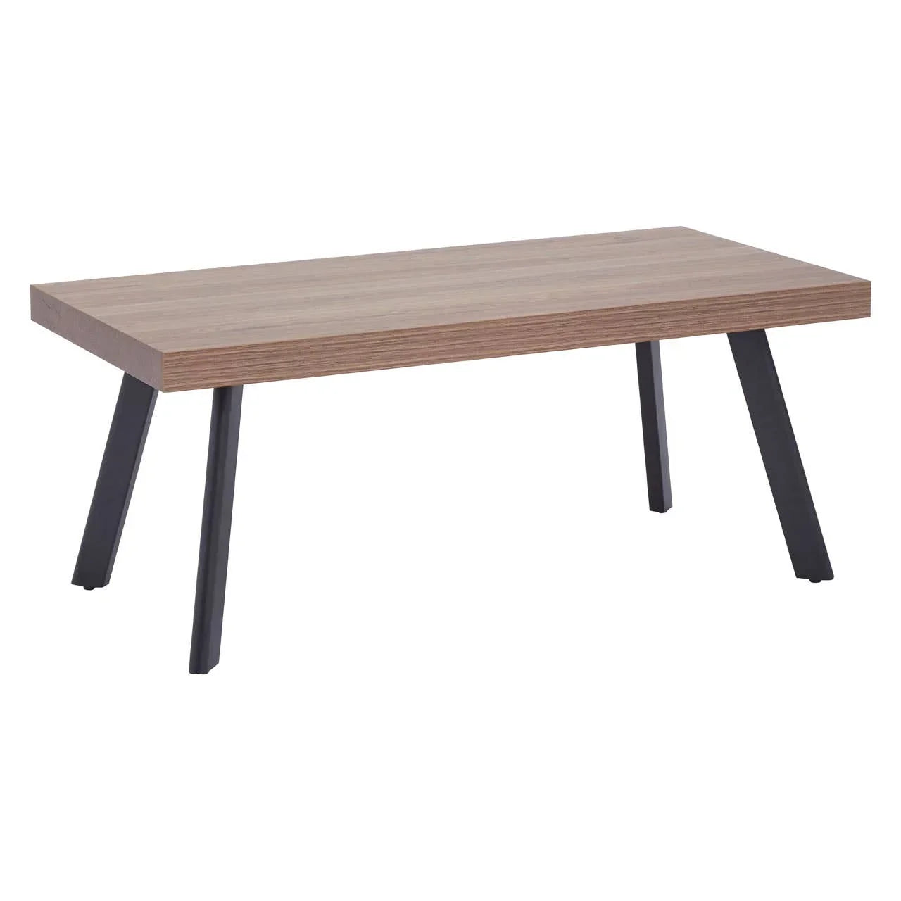 Rectangular wooden coffee table with black angled metal legs on white background