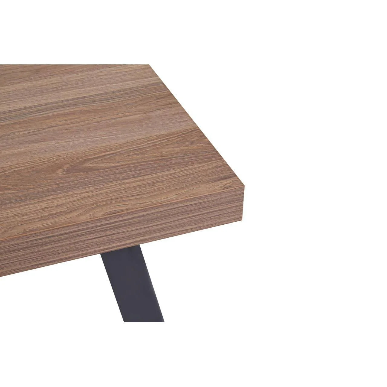 Corner view of wood dining table top with black metal leg