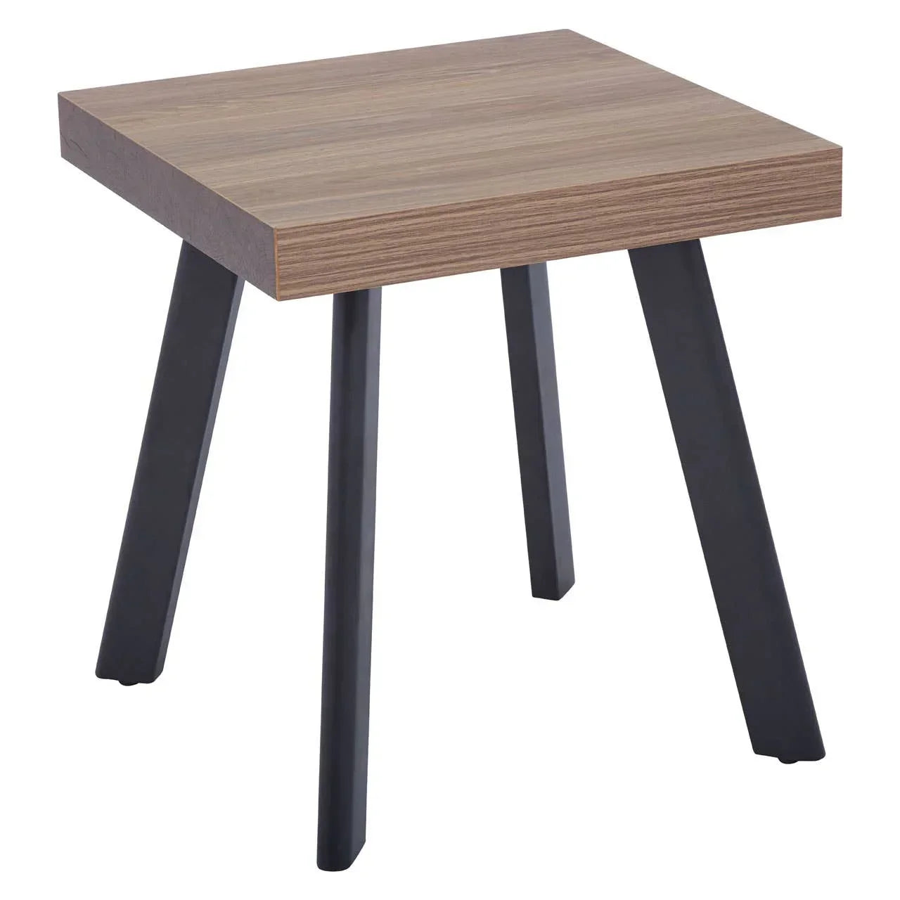 Square wooden side table with four black angled legs, modern furniture design
