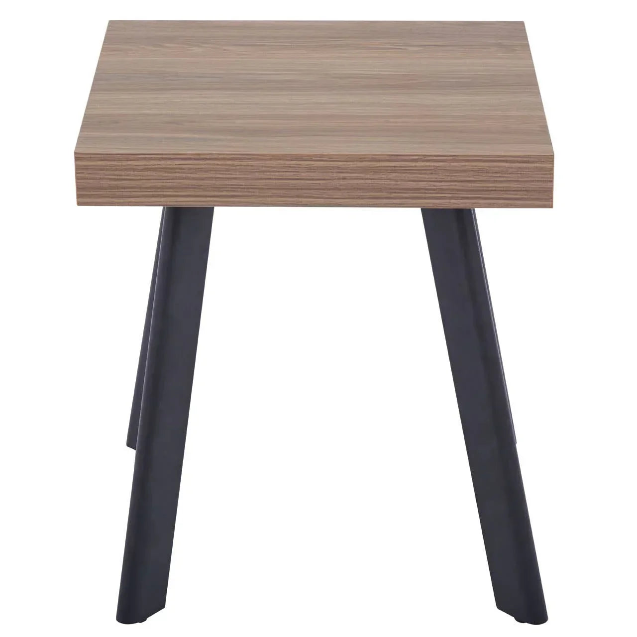 Square wooden side table with black angled metal legs, front view